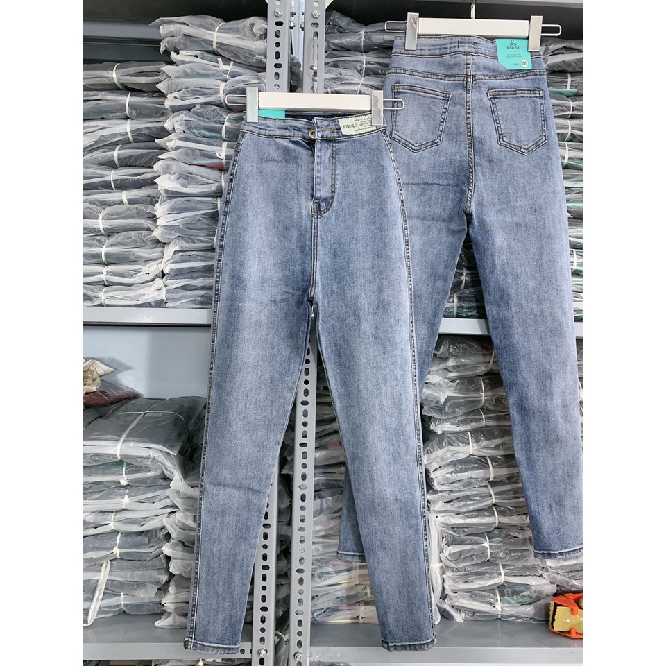 Quần Jean nữ lưng siêu cao trơn, không túi, lưng may mạc kiểu, lai quấn