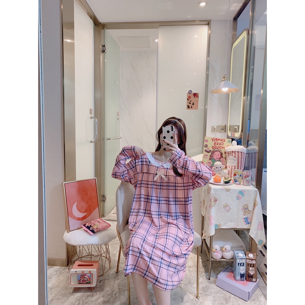 Váy Ngủ Nữ Mặc Nhà Vải Co Giãn 4 Chiều Pijama Bộ Đồ Quần Áo Dài Tay Dày Ở Nhà Mùa Xuân Thu Đông Hè Ảnh Thật +Video VN15