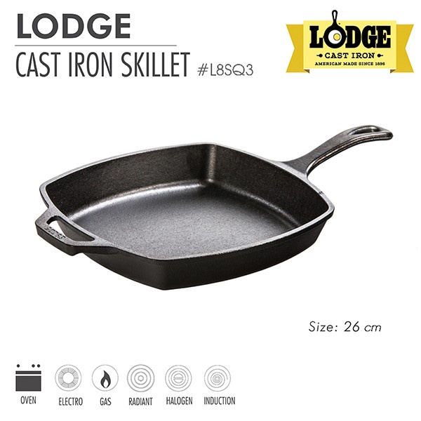 [Chính hãng LOGDE - MỸ] Chảo gang đúc hình vuông, đáy bằng Lodge 26cm - L8SQ3. Dùng nướng, chiên, xào, áp chảo thực phẩm
