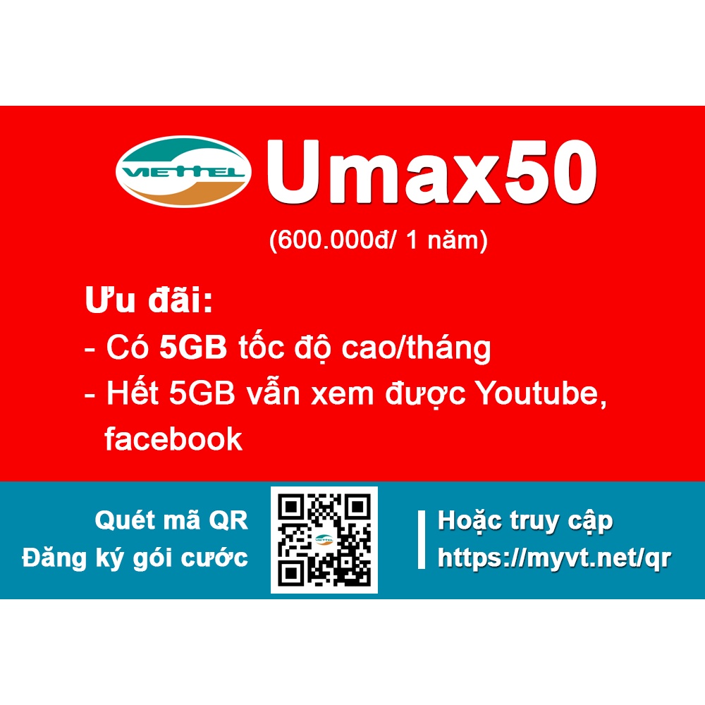 Sim UMAX50N đăng ký trực tiếp trên sim đang sử dụng- Chỉ 50k/Tháng,có thể nghe gọi,truy cập miễn phí Youtube, Facebo..vv