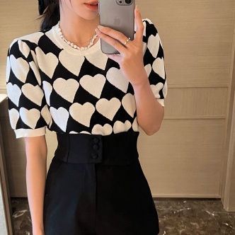 SUXI Áo Dệt Kim Tay Ngắn Phồng Cổ Tròn Họa Tiết Trái Tim Phong Cách Retro Hợp Thời Trang Mùa Hè