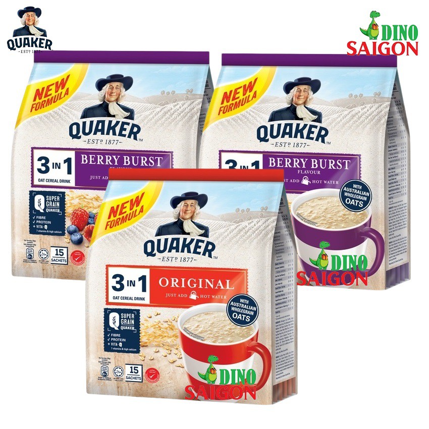 Bộ 3 gói Thức Uống Ngũ Cốc Yến Mạch Quaker 3in1 gồm 2 Vị Dâu Berry 450g và 1 vị Truyền Thống 420g