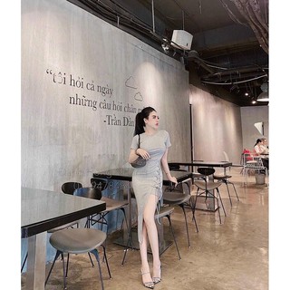 Đầm body tay ngắn xẻ đùi đan dây