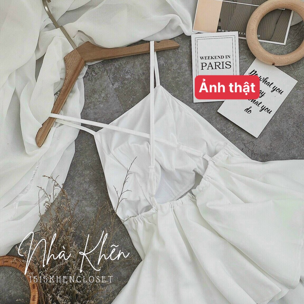 Set áo 2 dây hở lưng chéo trắng chân váy đen xoè