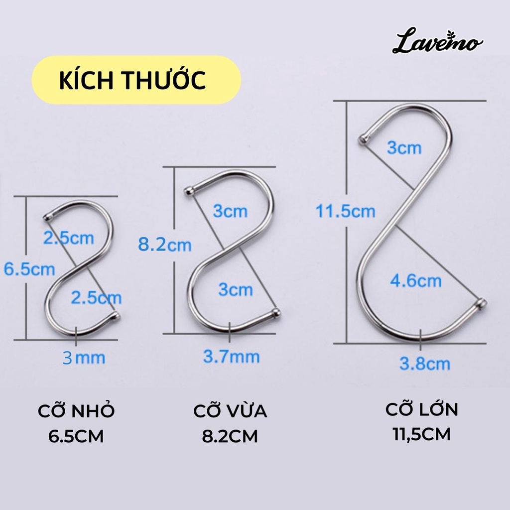 Móc Chữ S LAVEMO Loại Cao Cấp Có Đầu Tròn Treo Đồ Siêu Chắc - Treo Hàng Hóa - Inox Loại 1 Nhiều Kích Cỡ MOC-S