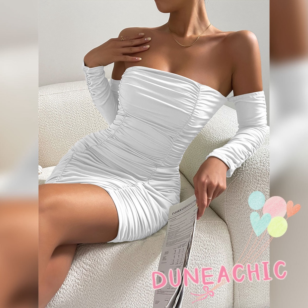 DUNEA Đầm Nữ Tay Dài Hở Vai Xếp Ly Thời Trang Quyến Rũ