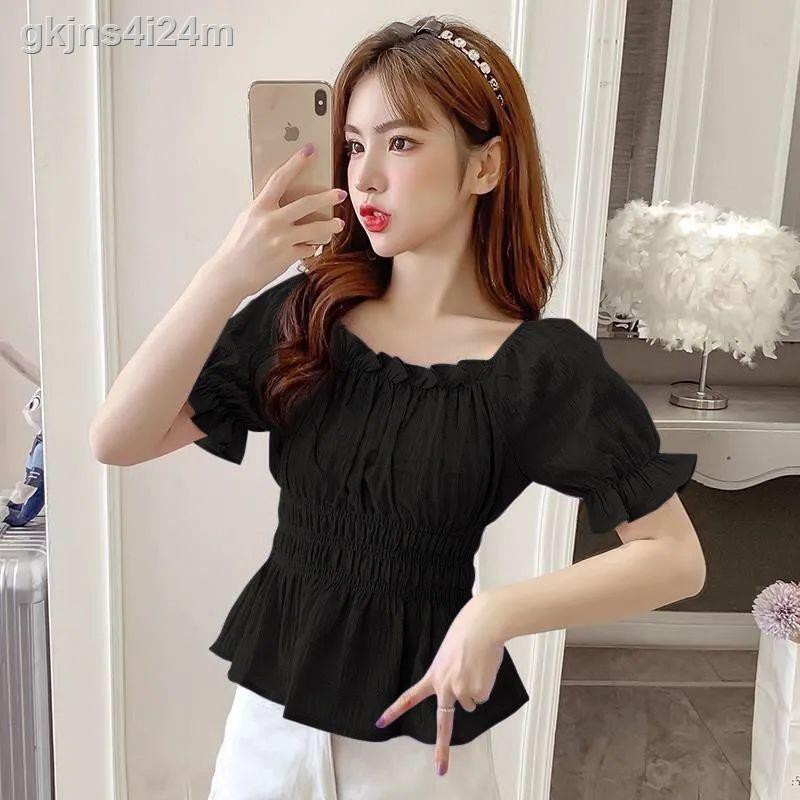 Áo sơ mi voan tay ngắn hàng mới hè 2021 phiên bản hàn quốc chiết eo mỏng, xếp nếp màu trơn, áo sơ mi nữ một bên vai nhỏ