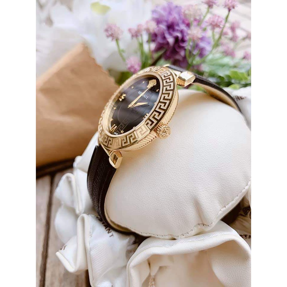 Đồng hồ nữ chính hãng Versace Daphnis da đen gold -Kính Sapphire - dây da dập