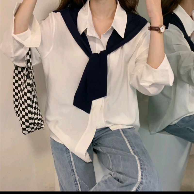 áo sơ mi oversize kèm khăn quàng phong cách hàn quốc áo sơ mi kiểu
