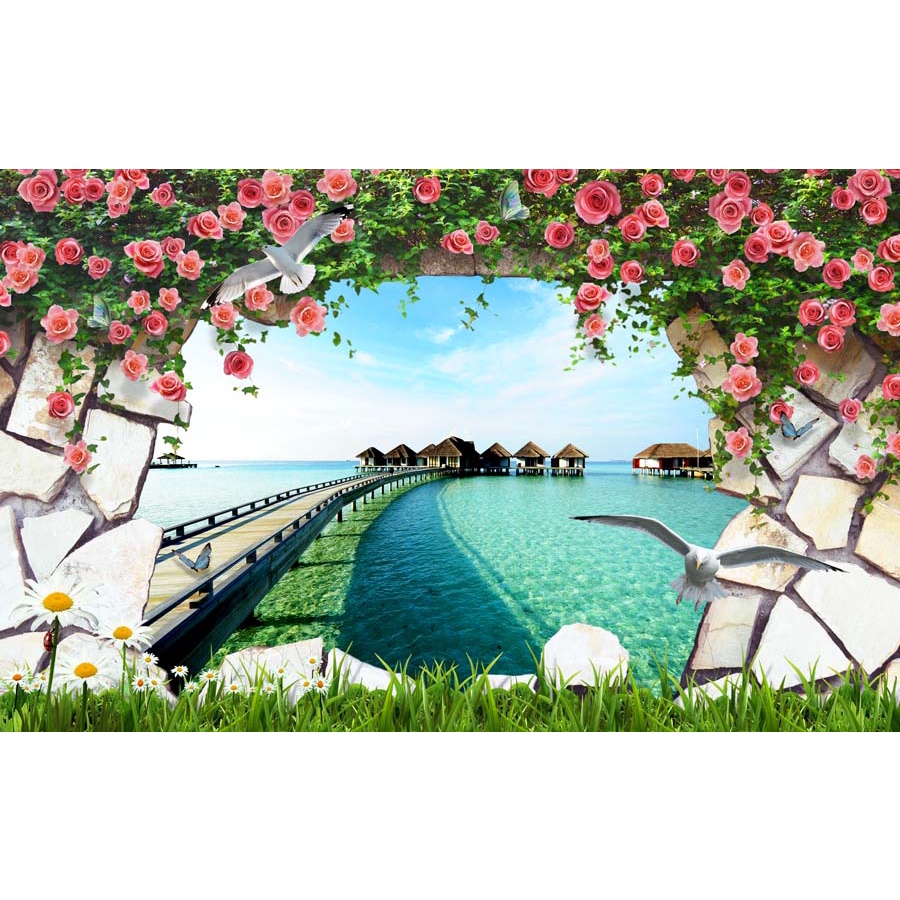 Tranh 3D Dán Tường Đại Dương Chèn Chữ Miễn Phí