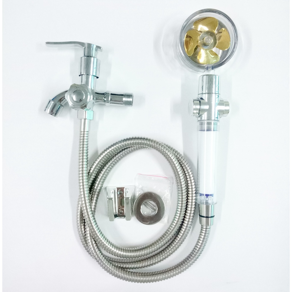 Bộ củ sen hợp kim siêu bền một đường nước lạnh + tay sen quạt thân nhựa trong lõi lọc có nút bật tắt -  QM.CS02.TS029B4