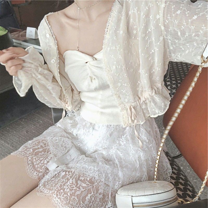 Áo khoác mỏng voan ren chiffon lưới cardigan kimono tiểu thư