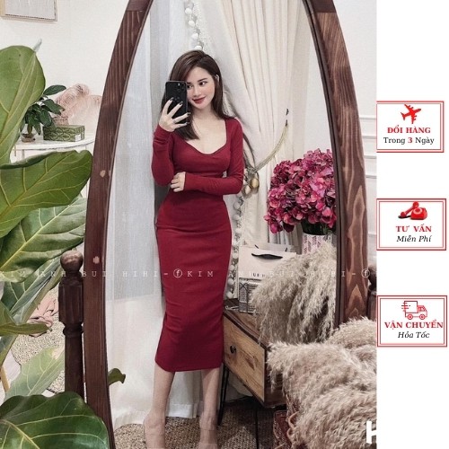 Váy len body nữ dáng dài cổ tròn siêu tôn dáng ulzzang Hàn Quốc mùa thu đông