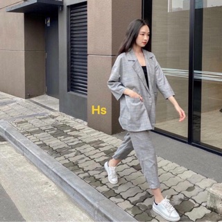 Bộ vest kẻ quần dài áo tay lỡ, Set bộ véc kẻ xám