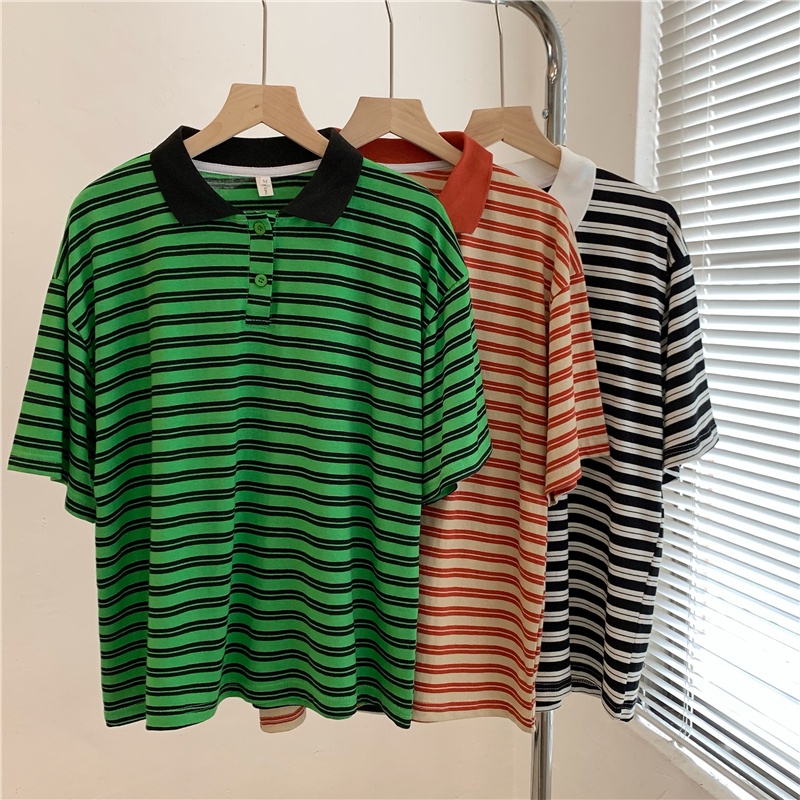 SUXI Áo polo Ngắn Tay Dáng Rộng Họa Tiết Kẻ Sọc Tương Phản Thời Trang Mùa Hè Cho Nữ