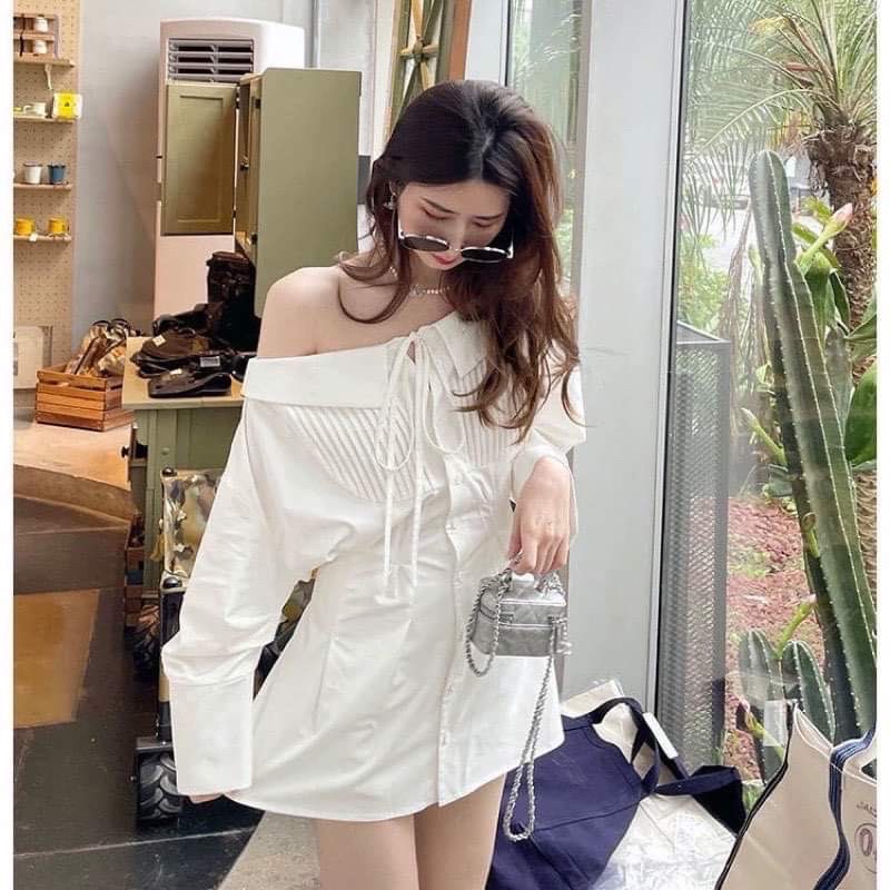 VÁY SƠMI TRỄ VAI/ĐẦM SƠMI BẸT VAI DẬP LY PHỐI DÂY CAO CẤP - ảnh thật có sẵn