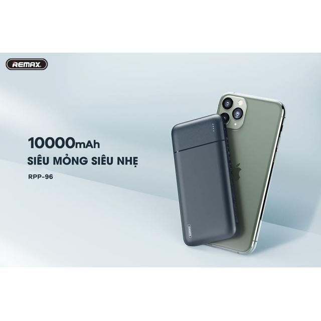 Sạc dự phòng siêu mỏng 10000mAh Remax RPP-96 Lõi Li-Polymer, 2 cổng sạc Input/Output