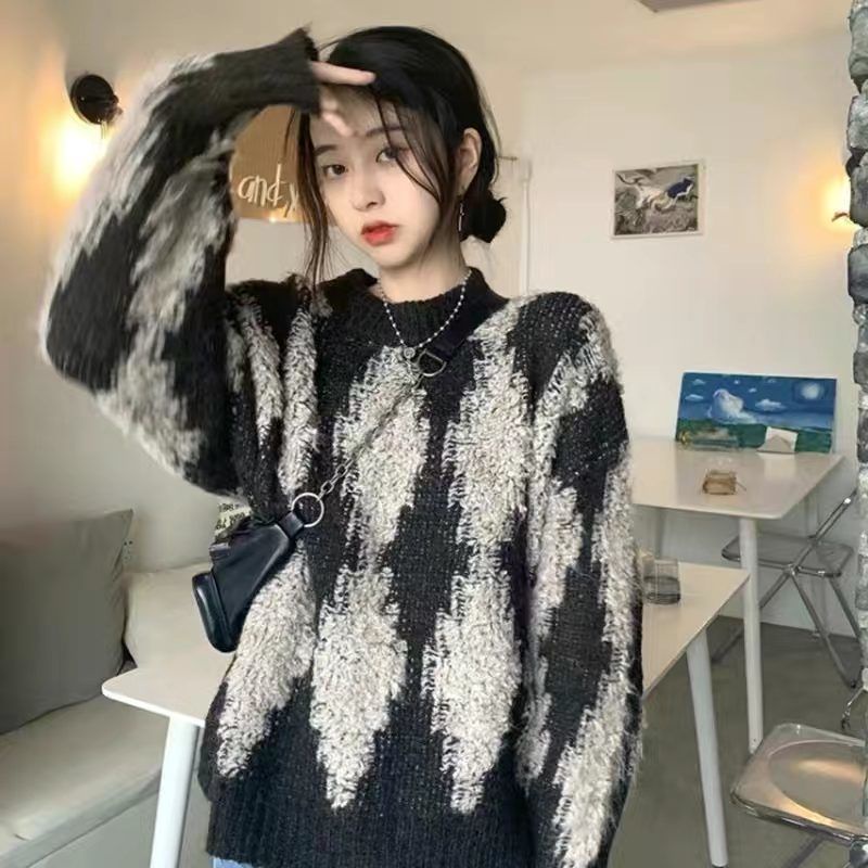 Áo Sweater Dáng Rộng Họa Tiết Sọc Caro Phong Cách Retro Nhật Bản Cho Nữ