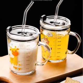 Cốc pha sữa chịu nhiệt thủy tinh chia vạch có nắp và ống hút