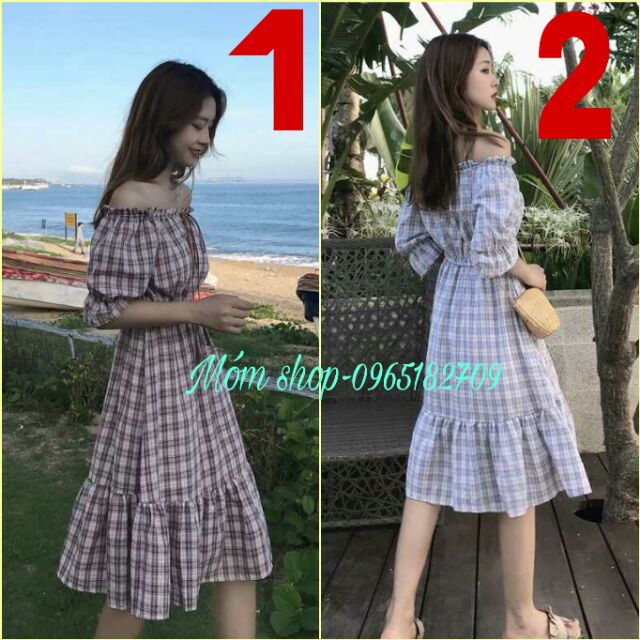 (Có sẵn) Váy trễ vai đuôi cá caro thắt eo xinh xắn | BigBuy360 - bigbuy360.vn