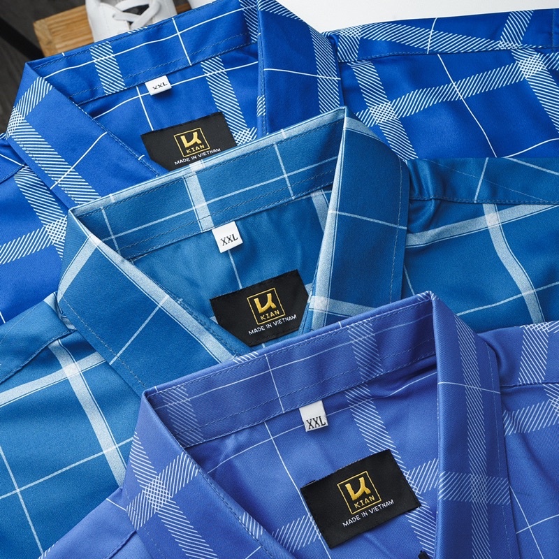 Áo sơ mi nam co giãn mẫu caro dài tay có túi màu xanh Bigsize < 130kg