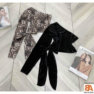 Áo croptop tay dài phối da beo