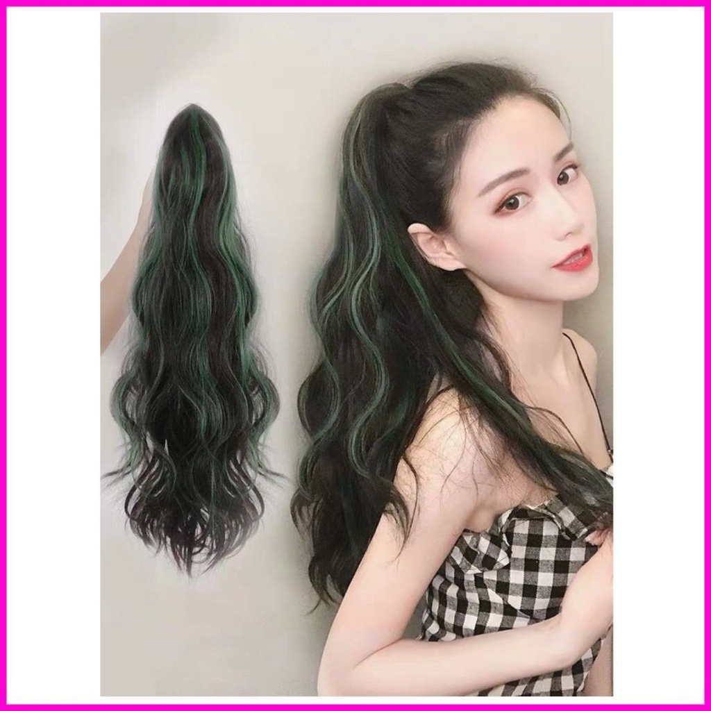 Tóc giả ngoặm, ngoạm xù light xanh lá dáng dài chất tóc sợi tơ cao cấp