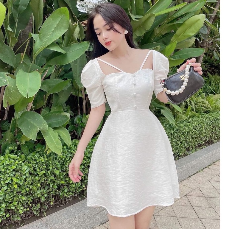 Váy đầm nữ dáng xòe tay lỡ cổ vuông phối dây nơ sang trọng thanh lịch thời nữ