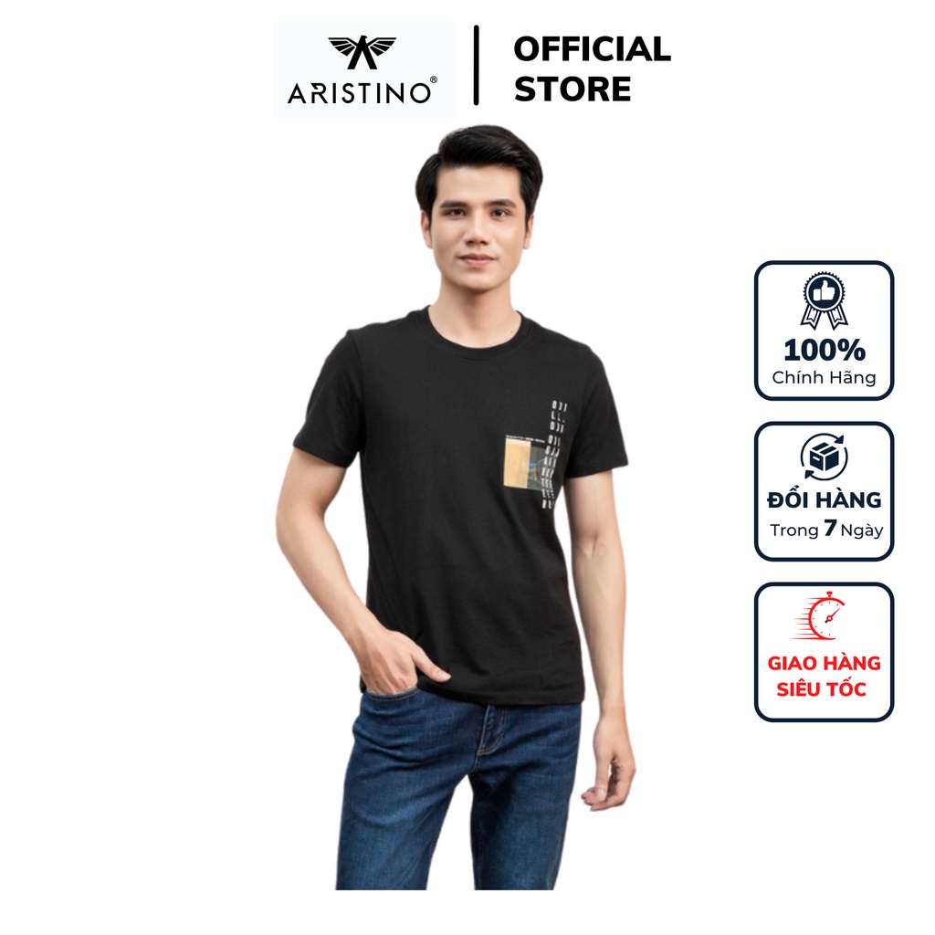 Áo thun nam T-shirt Aristino tay ngắn chất cotton cao cấp màu đen dáng Regular fit ATS003S1