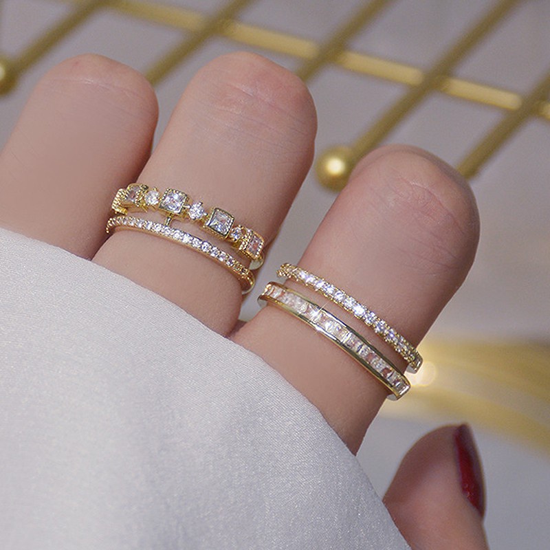 Nhẫn hở hai lớp mạ vàng thật 14k đính đá zircon có thể điều chỉnh cho nữ