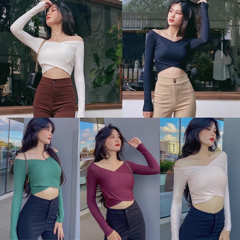 Áo Croptop Bẹt Vai Đắp Chéo Ngực - Áo Trễ Vai Tay Dài Nữ [ẢNH THẬT 100%]