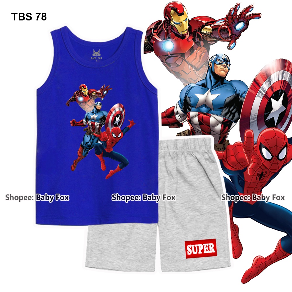 Bộ thun bé trai sát nách 100% cotton cao cấp, BABY FOX, hình người nhện, người sắt i