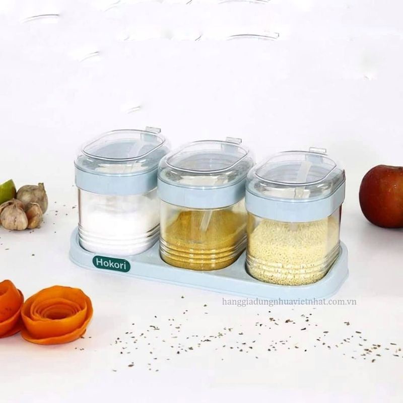 Bộ 3 hũ lọ đựng gia vị kèm thìa và khay  Hokori loại đẹp