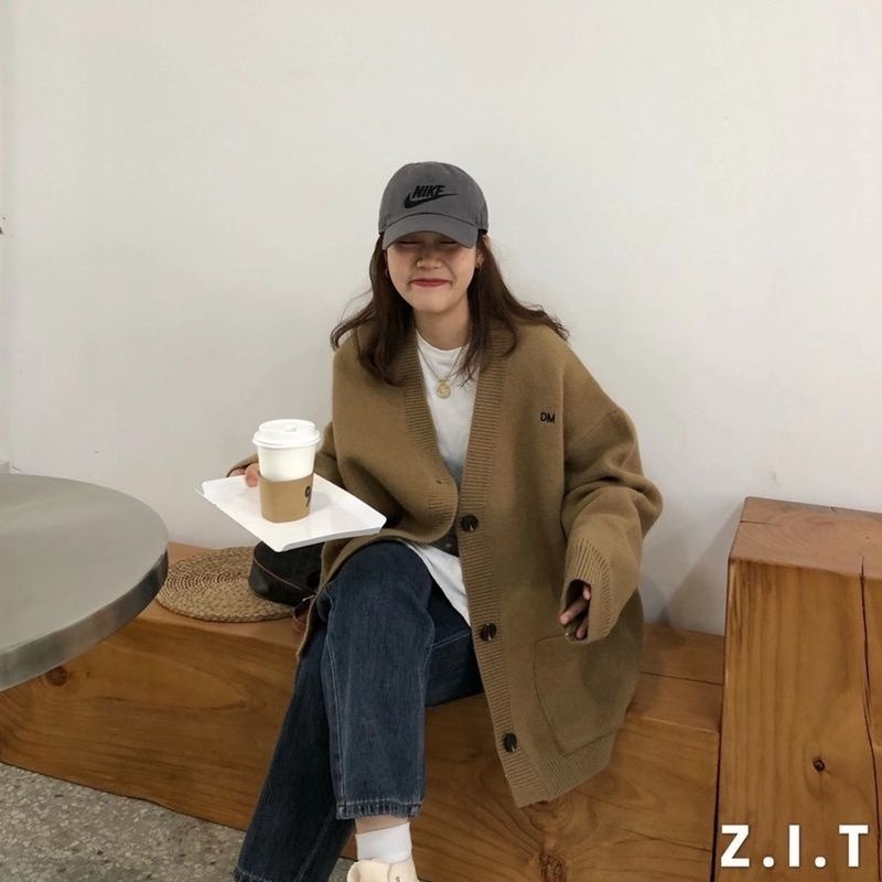 Áo khoác cardigan dệt kim dáng rộng thiết kế thời trang mùa đông theo phong cách Hàn Quốc thích hợp cho nữ
