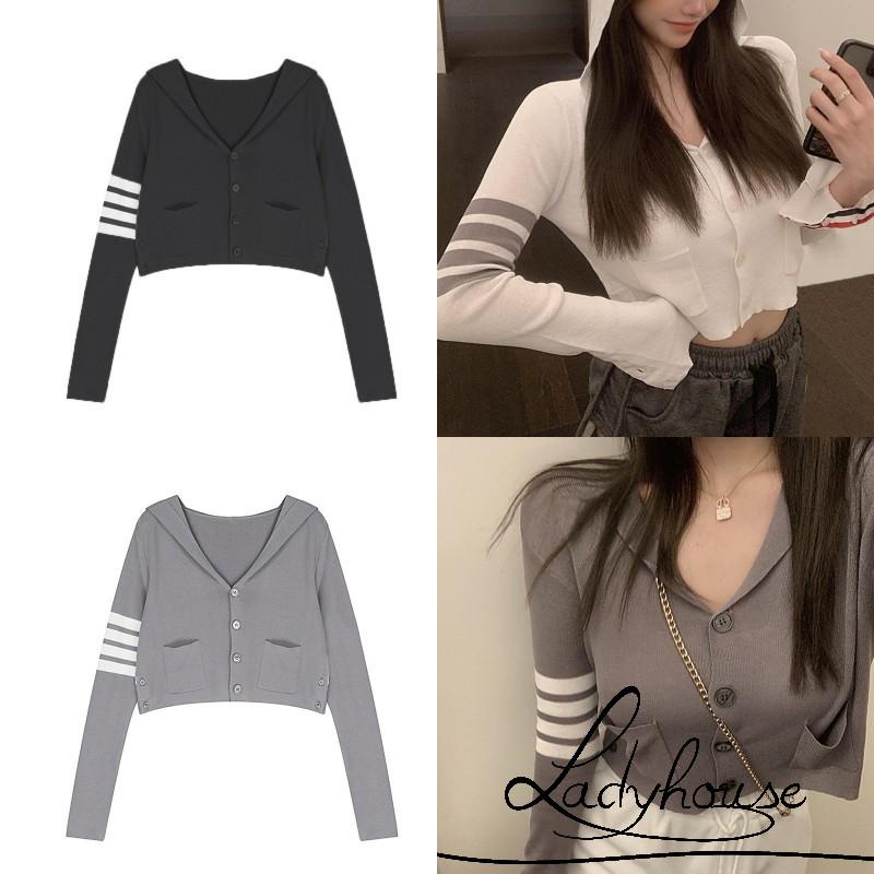 Áo khoác dài tay cổ chữ V họa tiết kẻ sọc có túi dành cho nữ