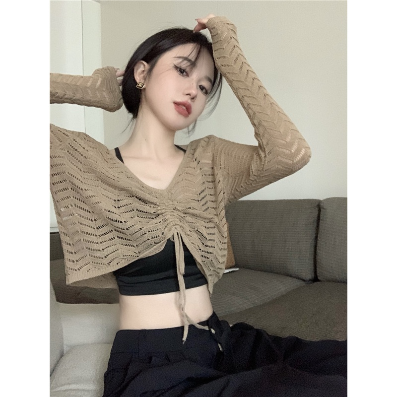 Porozi Áo kiểu  dệt kim mỏng khoét lỗ tay dài cổ chữ V phong cách Hàn Quốc thời trang dành cho nữ