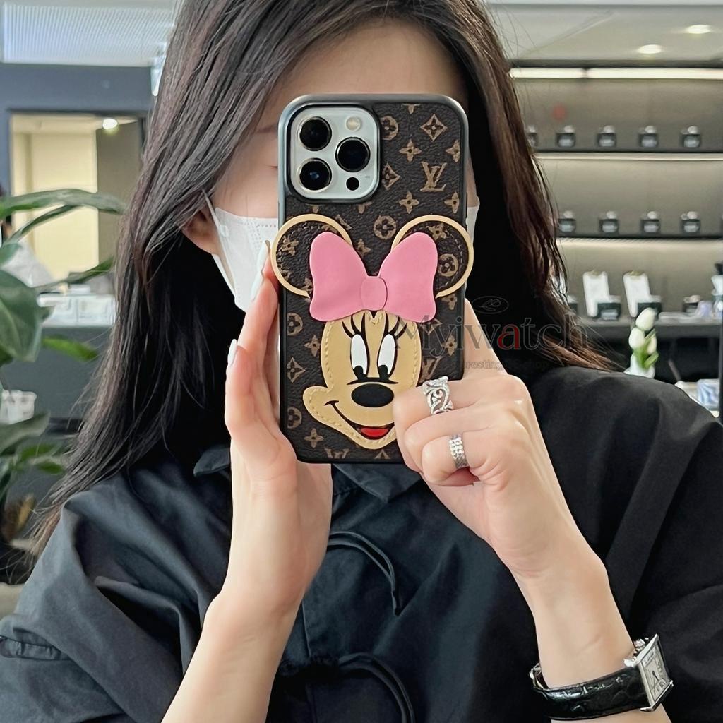 Ốp Điện Thoại Da In Hoạt Hình Mickey Minnie 3D Cho iPhone 14 13 11 12 Pro Max