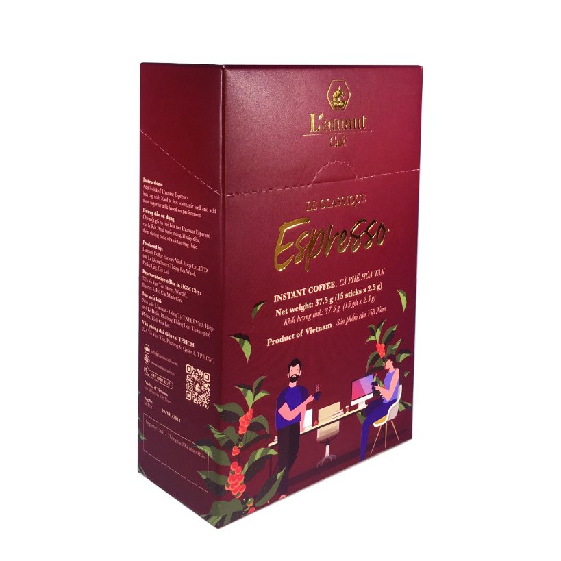 Cà phê hòa tan đen Espresso (Hộp 15 gói x 2.5gr) - L'amant Café Espresso instant coffee