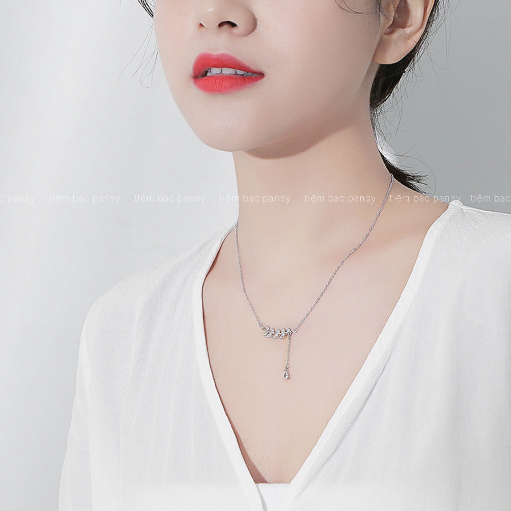 Dây chuyền bạc PANSY mặt lá liễu thả hạt, vòng cổ nữ hình lá đính đá phong cách Hàn Quốc