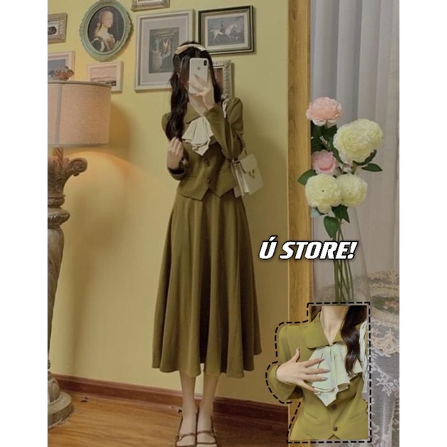 set bộ áo vintage cổ nơ tiểu thư và chân váy dài xoè nhẹ cúc đồng tone xanh bơ trang trọng