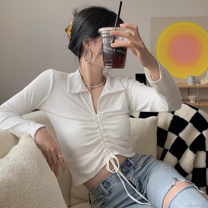 Áo croptop dệt kim tay dài cổ chữ V dây rút thời trang cho nữ