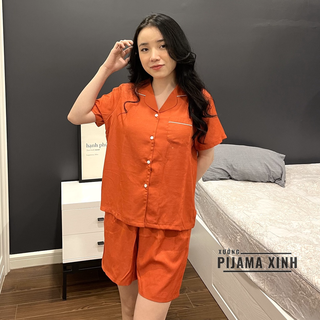 Đồ Ngủ  - Bộ Pijama Cộc Quần Đùi Chất Liệu Đũi Màu Cam Cháy Siêu Hot 