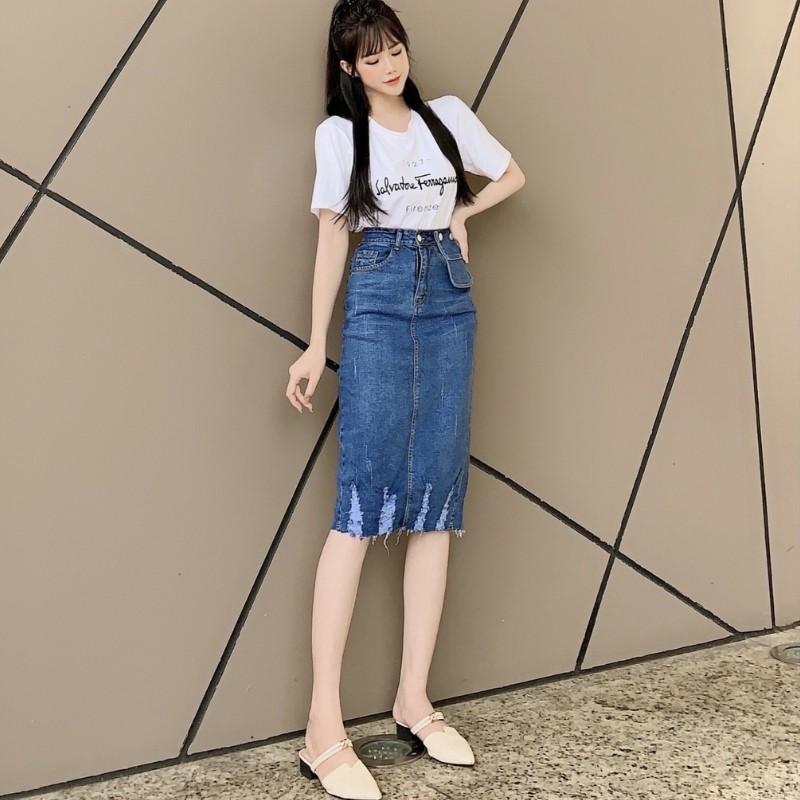 Chân váy jeans bút chì dáng dài lưng cao phong cách Hàn Quốc nữ tính sang chảnh RUBIE JEANS V3157