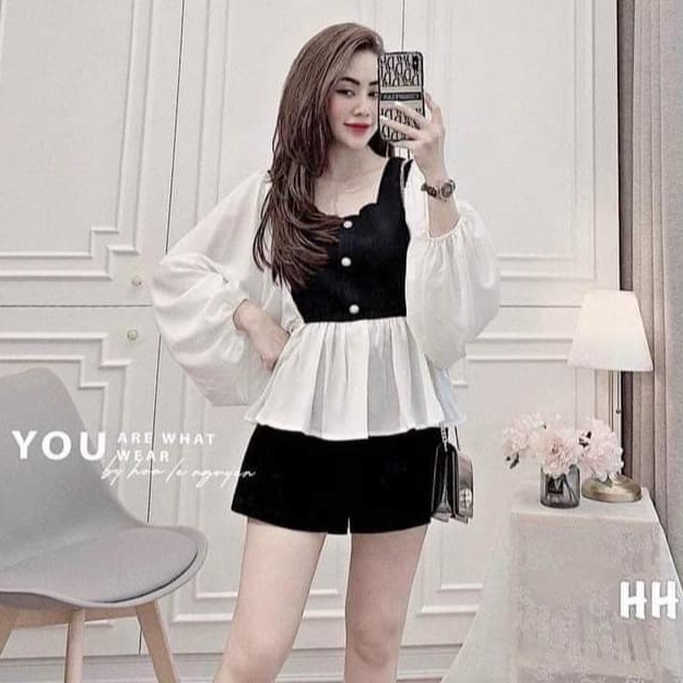 Set quần váy + áo xoè peplum phối tay voan phồng