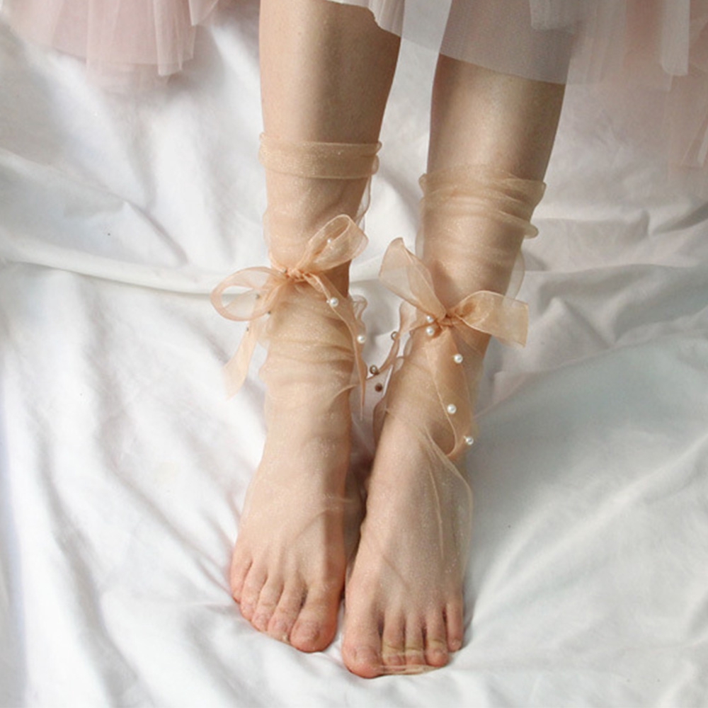 Vớ chiffon xuyên thấu đính nơ và ngọc trai thời trang mùa xuân cho nữ