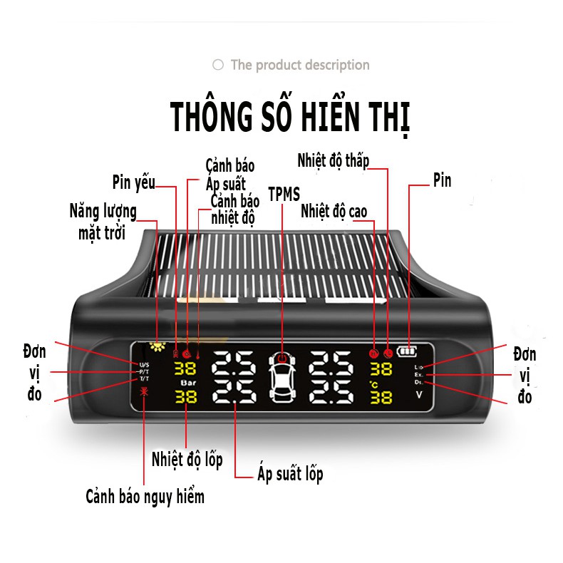 Cảm biến áp suất lốp ô tô xe hơi gắn ngoài cao cấp Pin sạc năng lượng mặt trời, màn hình LCD