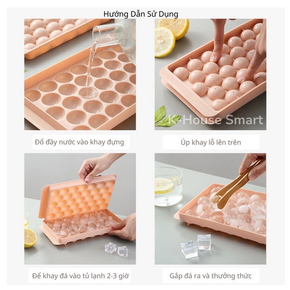 [HCM] Khay đá tròn, khuôn làm đá có nắp đậy thông minh hình viên bi 33 viên