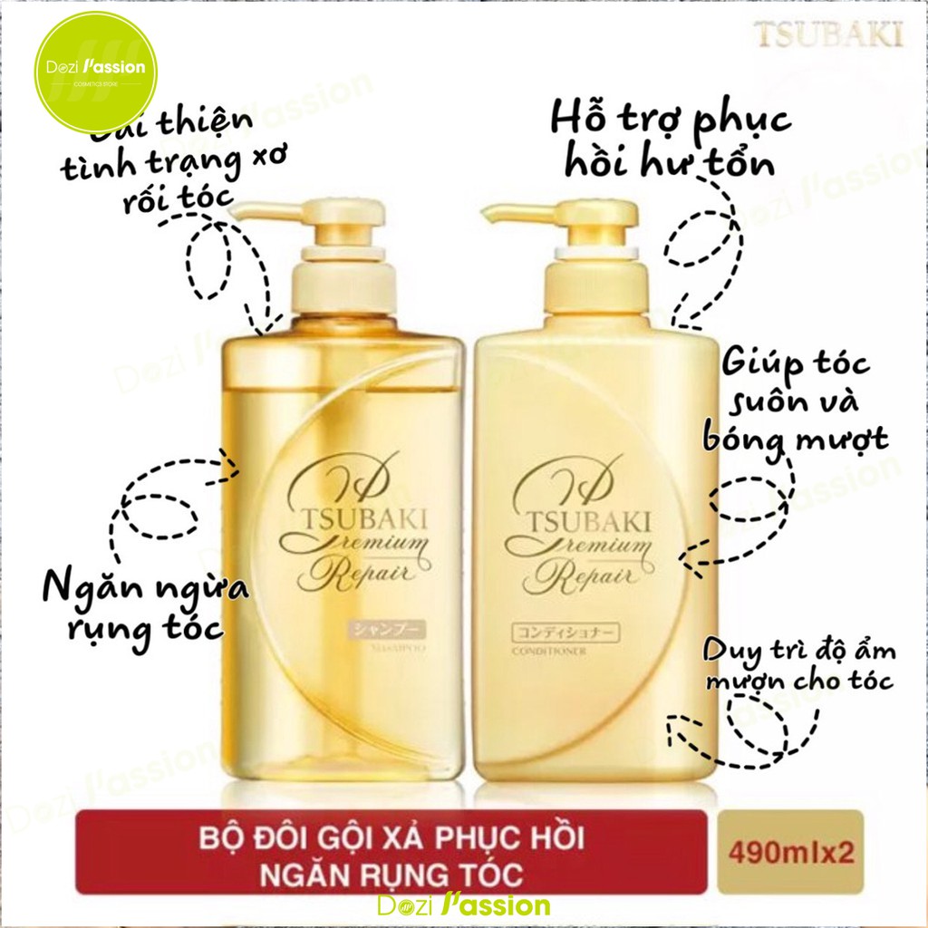 Bộ Dầu Gội Và Xả Tsubaki Phục Hồi, Ngăn Rụng Tóc Màu Vàng - Tsubaki Premium Repair (490ml/chai)