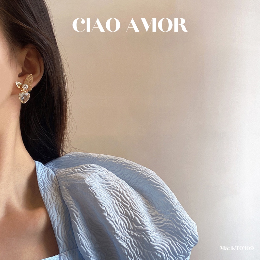 KT0409-Khuyên tai nữ, Bông tai bạc 925 cánh nữ điệu đá trái tim tiểu thư sang trọng Trang sức Ciao Amor