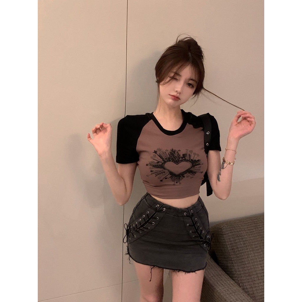 Áo Thun Raglan Tay Ngắn Dáng Ôm Màu Sắc Tương Phản Thời Trang Mùa Hè Cho Nữ